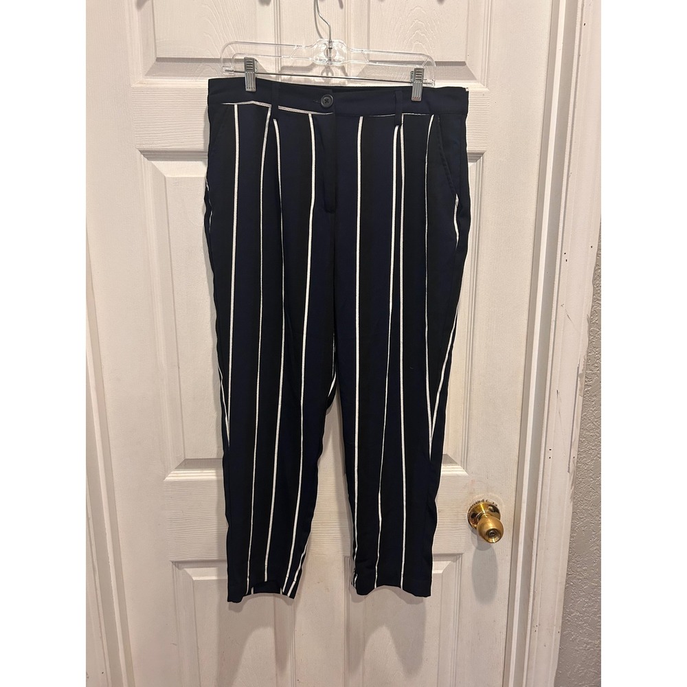 Who What Wear Navy Blue Striped Pleated Tapered Trousers Womens Sz 14 High‎ Rise